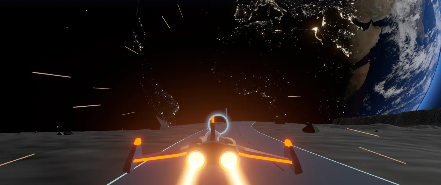 A ship racing across the grey lunar surface toward a half-lit Earth, city lights glowing on its night side.