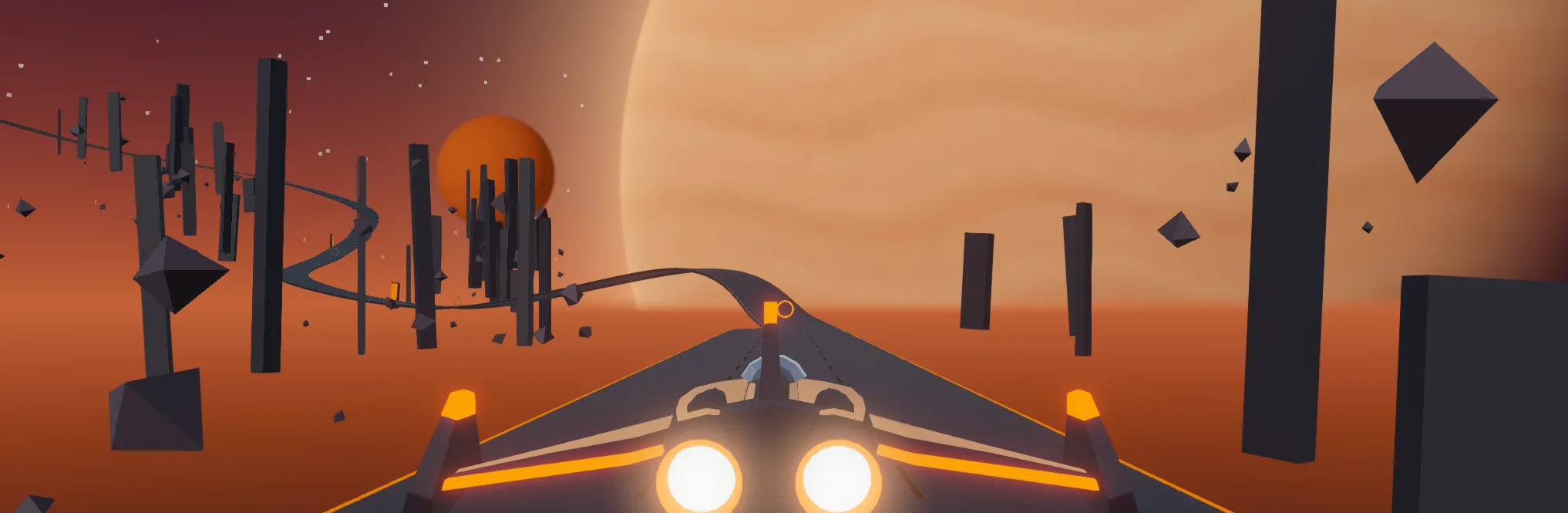 A ship on the start line, its engines glowing, on a ribbon track that winds between black monoliths toward a giant banded planet.