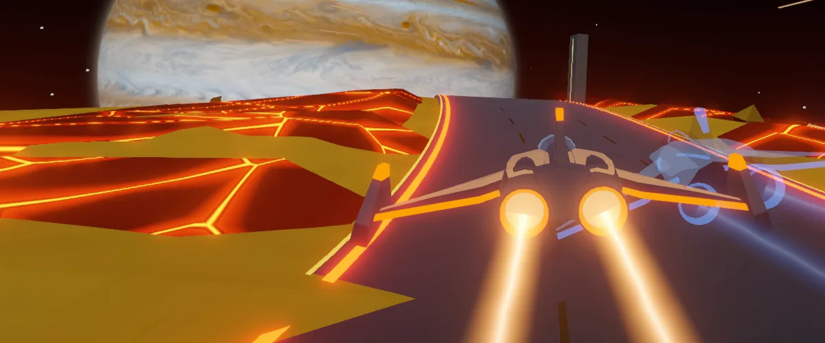 Ships racing over yellow sulfur plains past glowing lava lakes, with banded Jupiter low on the horizon.