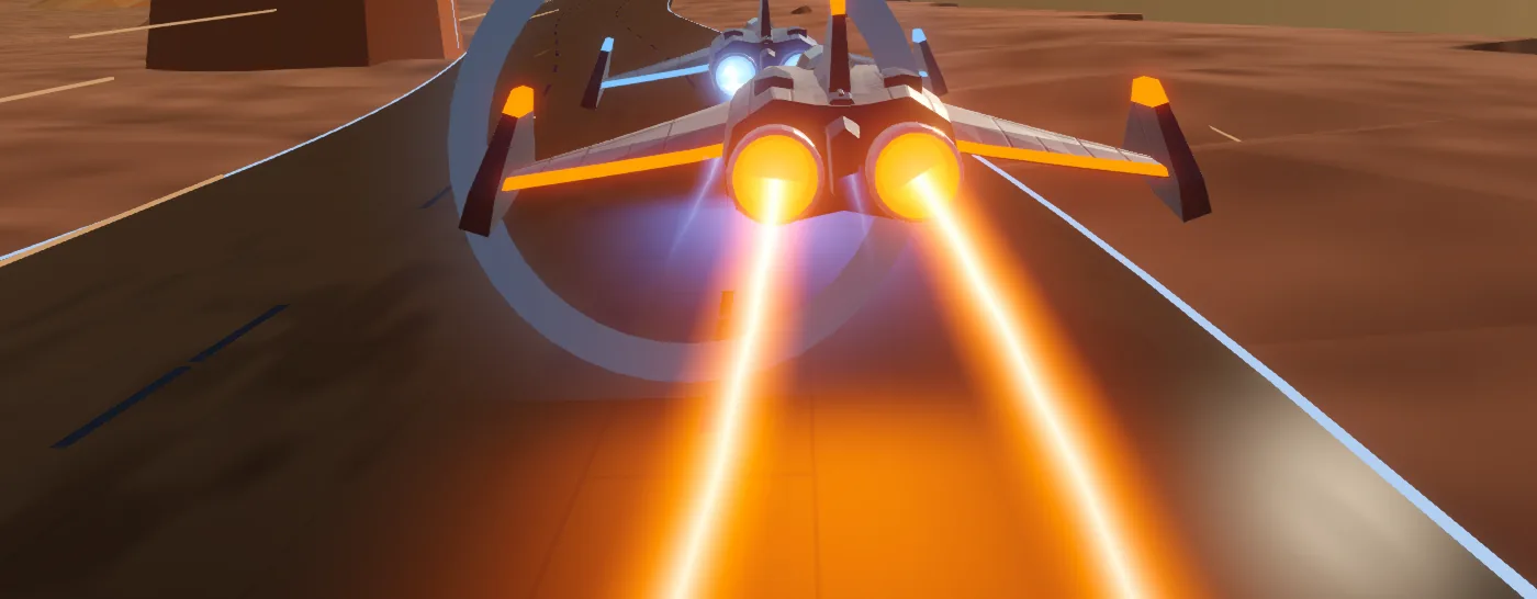 A ship threading a gate on the dusty rim of a Martian canyon, trailing orange light.