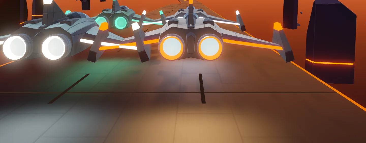 Four ships side by side on the start grid, between monoliths edged in orange light.