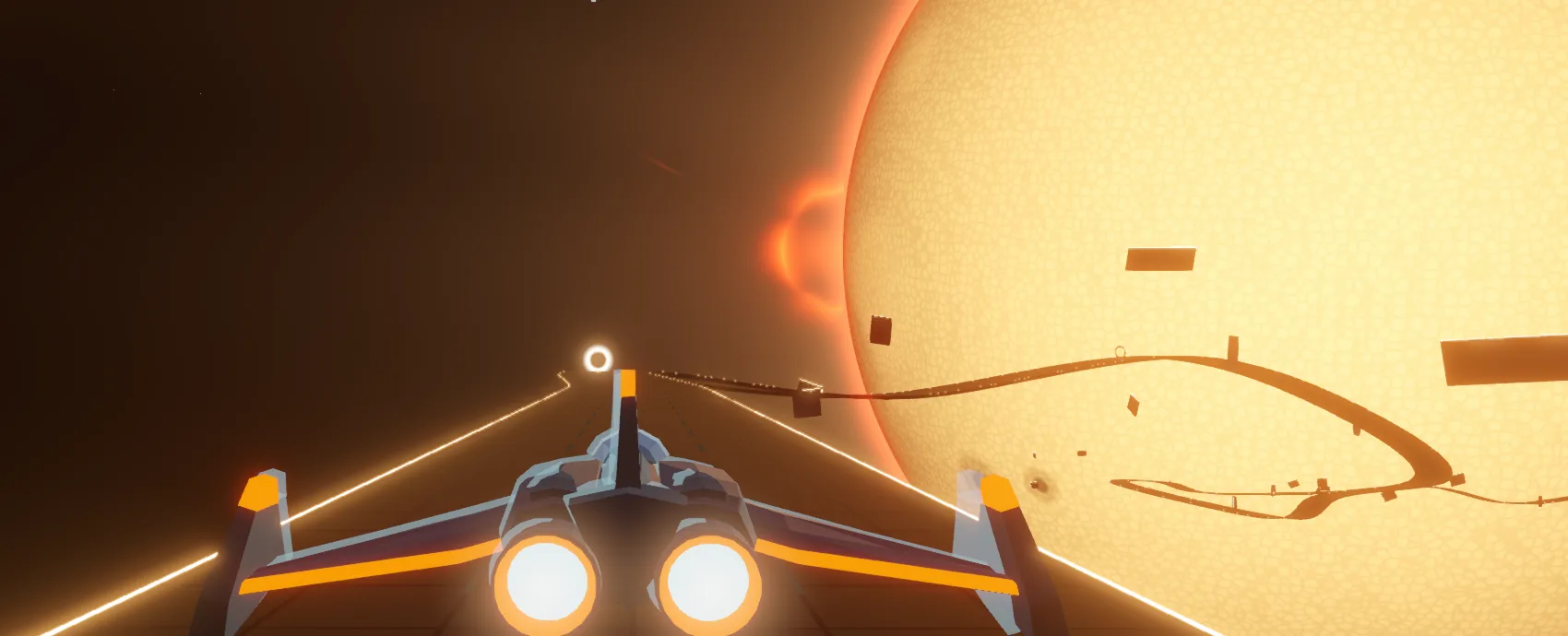 A ship on a glowing heat-shield track in front of the blazing Sun, prominences curling off its limb.